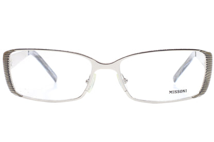 Silver eyeglasses with 'Missoni' branding on a white background