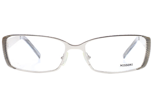 Silver eyeglasses with 'Missoni' branding on a white background