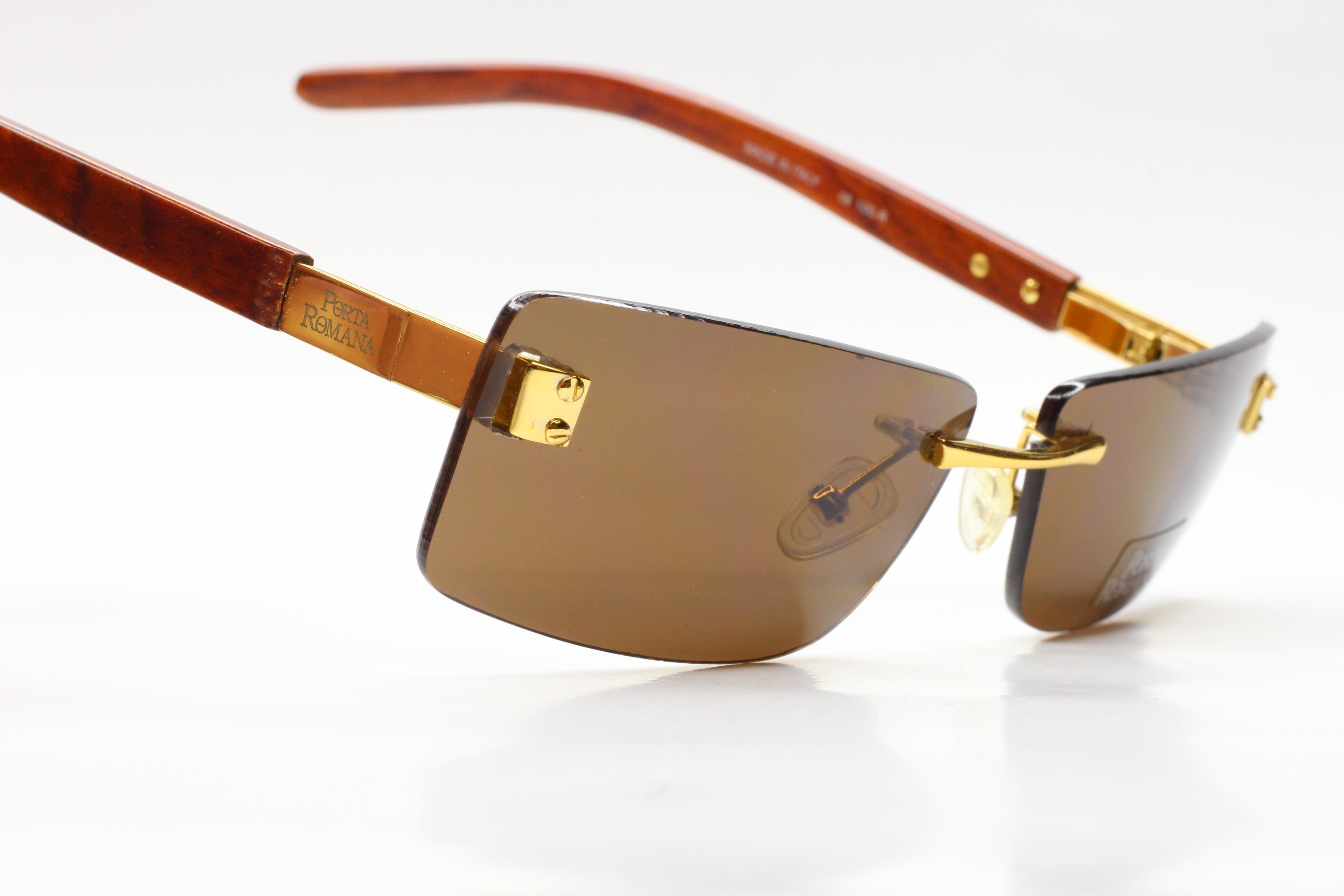 Porta Romana mod. 1651 Gold & Wood Vintage Rimless Luxury Italy