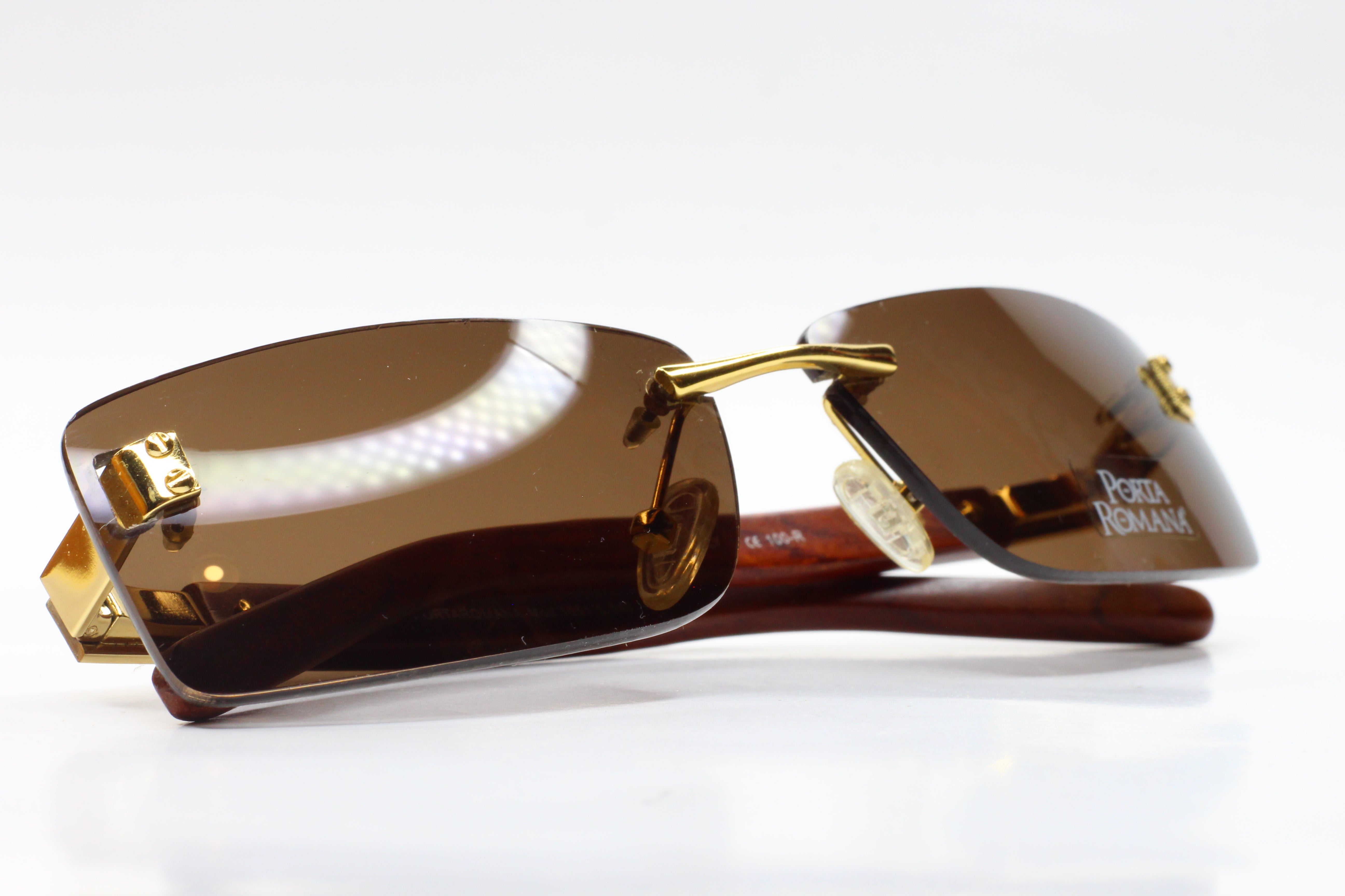 Porta Romana mod. 1651 Gold & Wood Vintage Rimless Luxury Italy