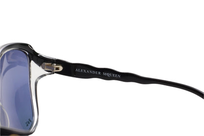 Close-up of Alexander McQueen designer black sunglasses online with glossy black frames and blue lenses