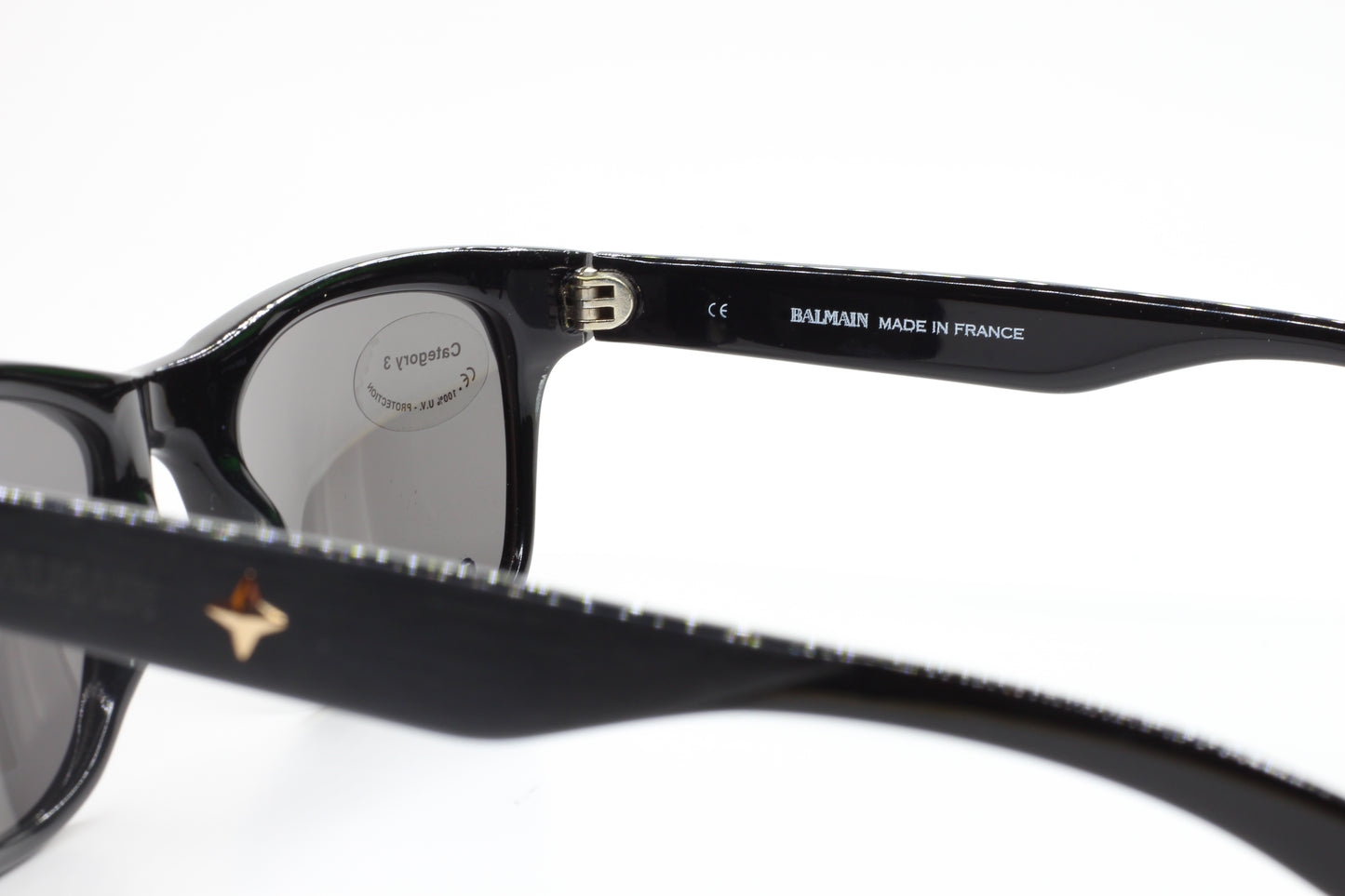 Close-up of black Balmain BL4002 sunglasses optical frames made in France by ABC Optical