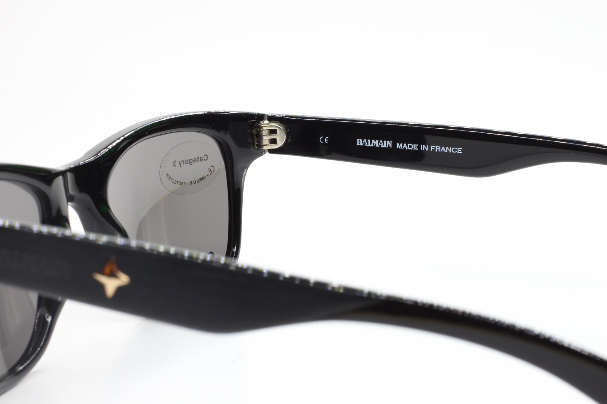 Close-up of black Balmain BL4002 sunglasses optical frames made in France by ABC Optical