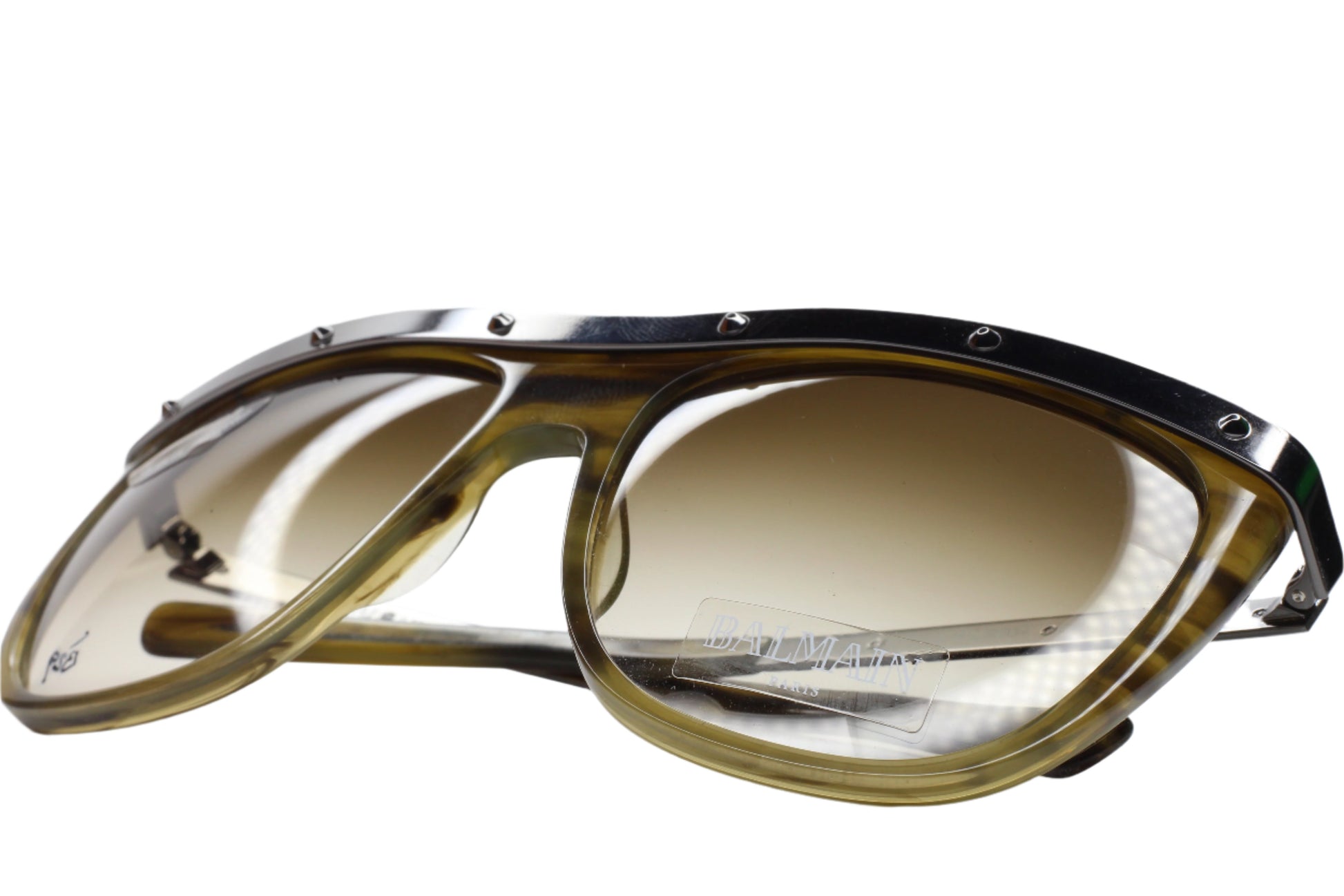 Balmain Paris khaki horn sunglasses with metal rim and tinted lenses from ABC Optical
