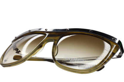 Balmain Paris khaki horn sunglasses with metal rim and tinted lenses from ABC Optical
