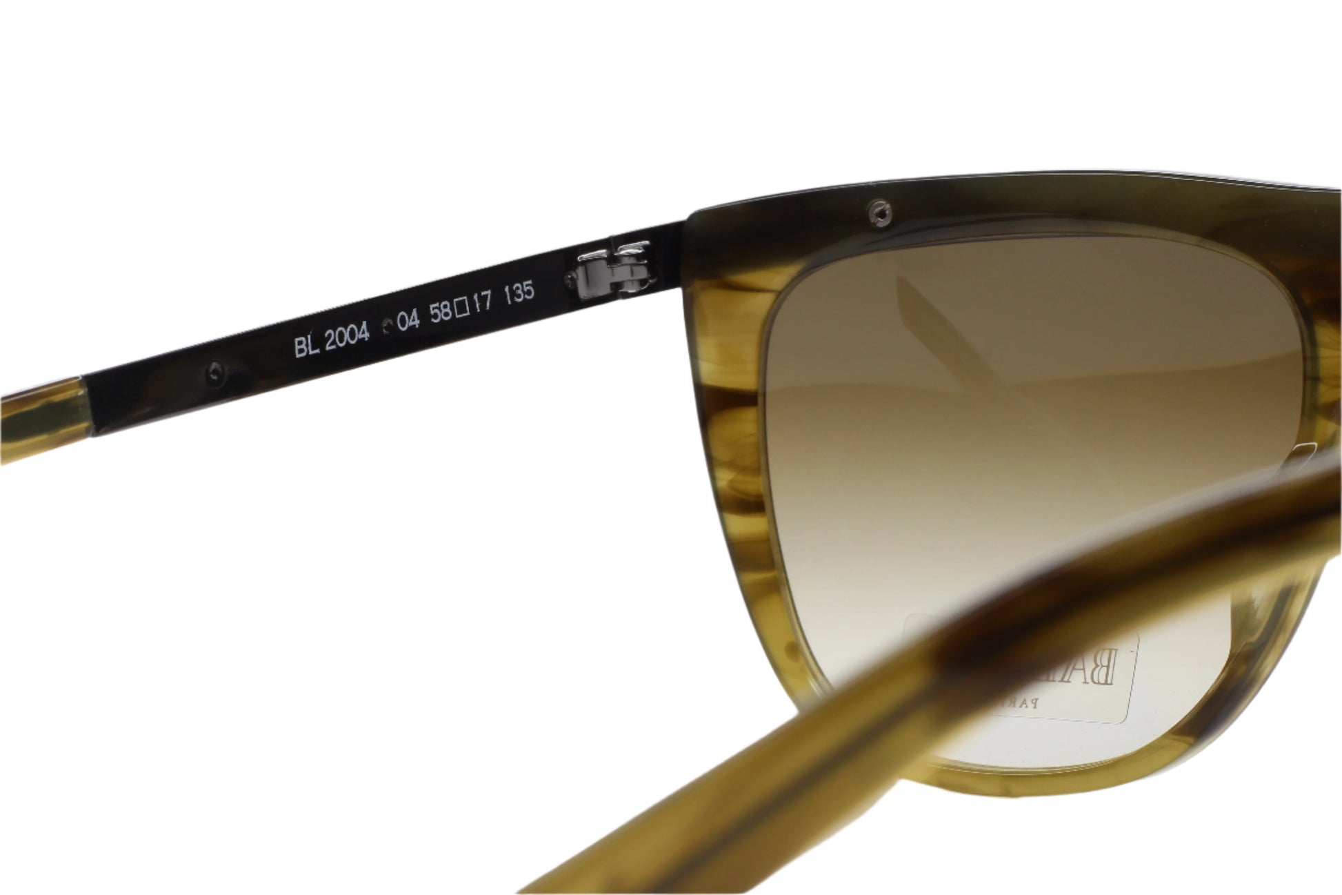 Close-up of Balmain Paris khaki horn sunglasses showcasing the frame and temple details