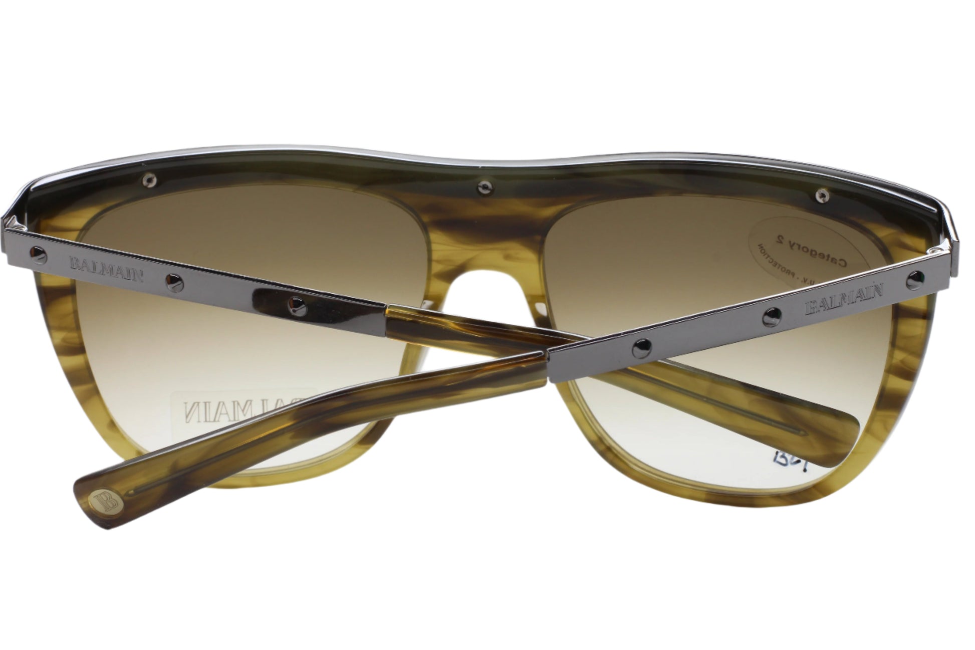 Balmain Paris khaki horn sunglasses with metal temples and tinted lenses from ABC Optical