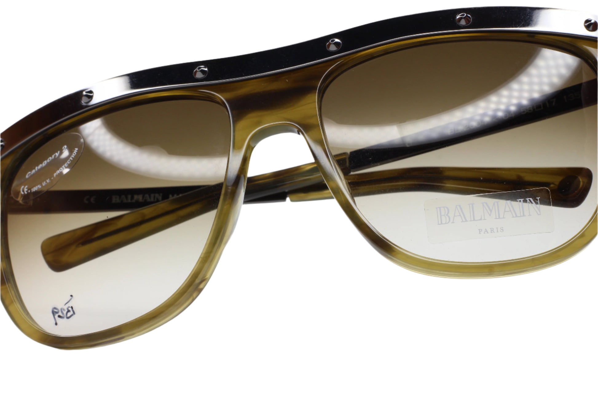 Balmain Paris khaki horn sunglasses with metal rivet detailing and gradient tinted lenses