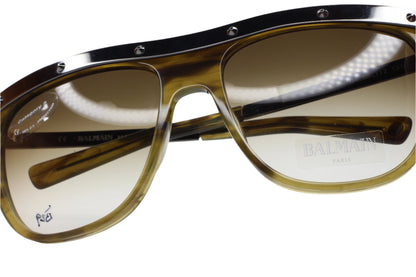 Balmain Paris khaki horn sunglasses with metal rivet detailing and gradient tinted lenses