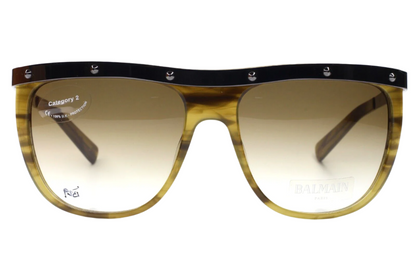 Balmain Paris khaki horn sunglasses with gradient lenses and black top frame by ABC Optical