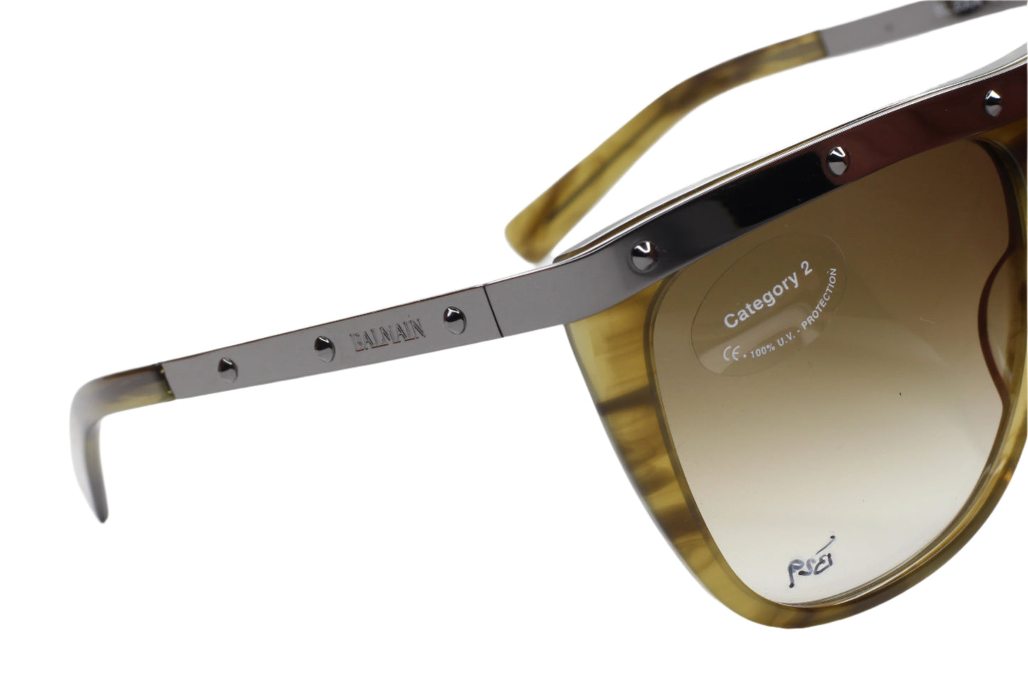 Balmain Paris khaki horn sunglasses with metal frame and stud detailing from ABC Optical