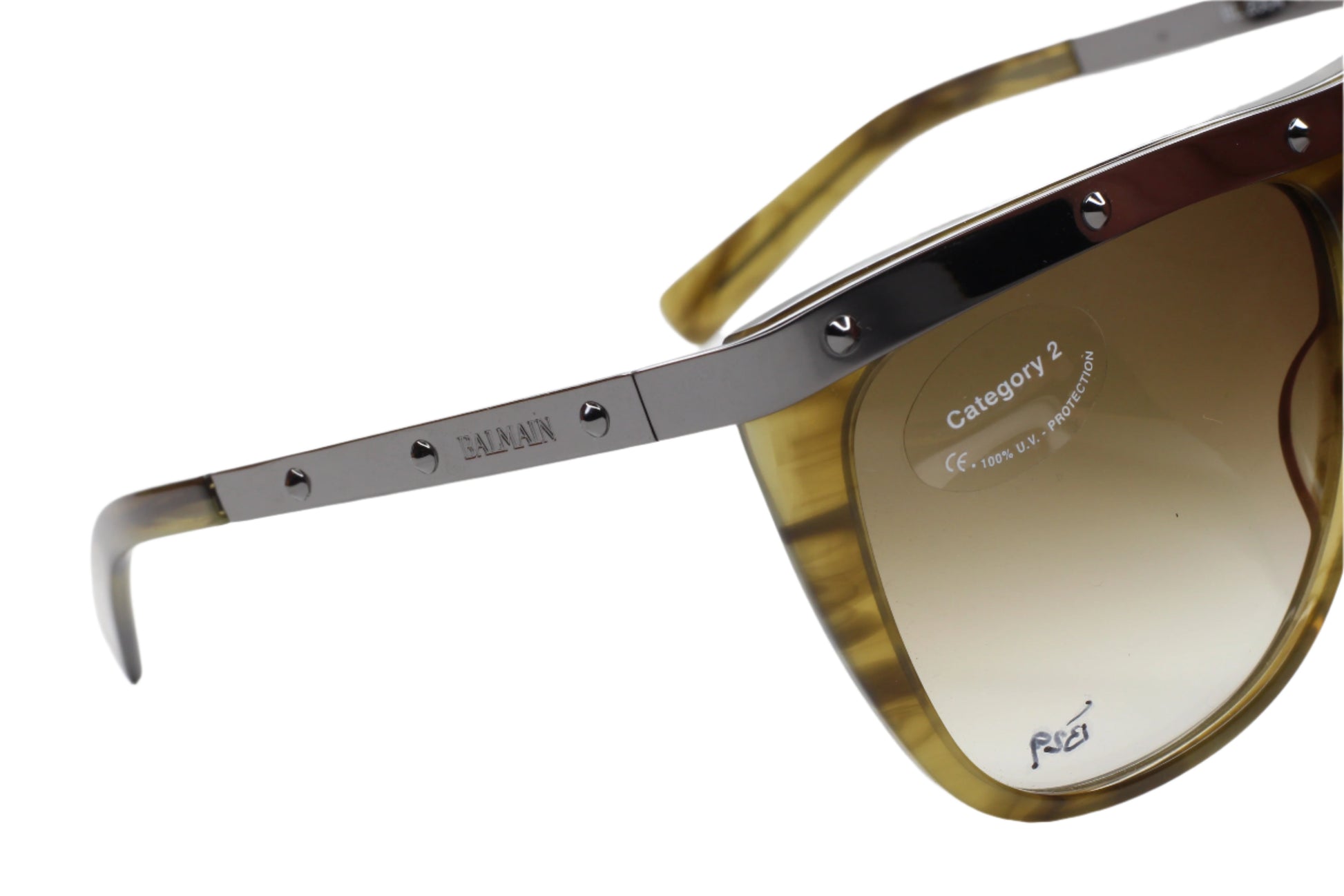Balmain Paris khaki horn sunglasses with metal frame and stud detailing from ABC Optical