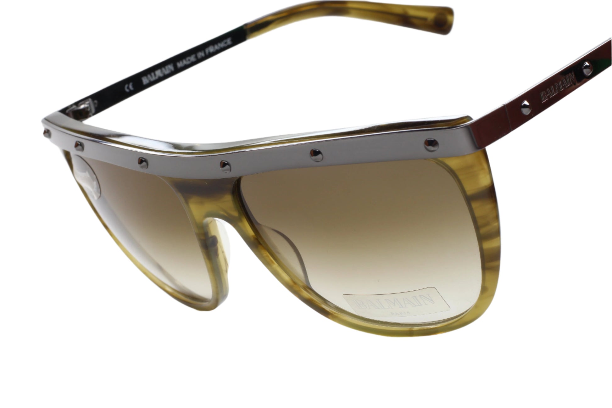 Balmain Paris khaki horn sunglasses with gradient lenses and metal frame detailing