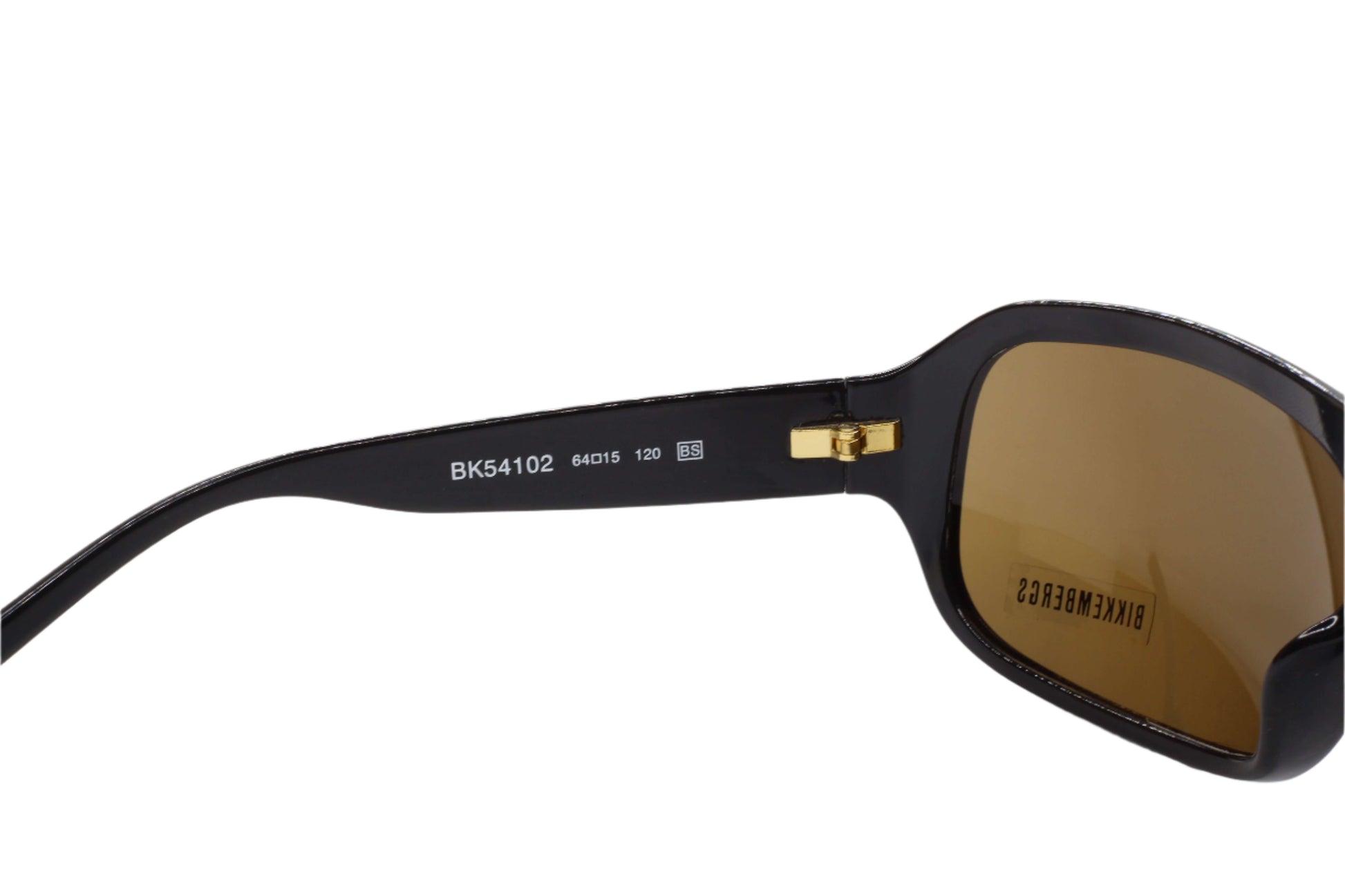 Close-up of ABC Optical black Bikkembergs luxury sunglasses with tinted lenses and gold hinge detail