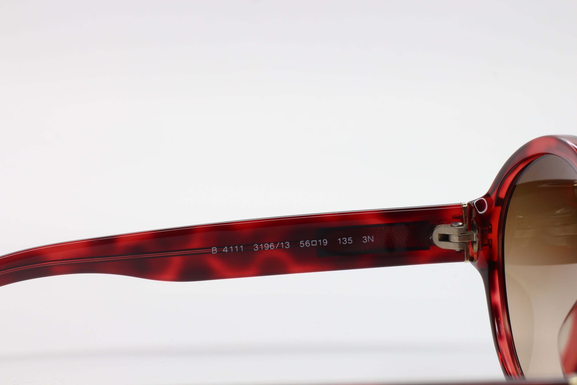 Close-up of red tortoiseshell Burberry B4111 3196 13 sunglasses sale optical frames from ABC Optical