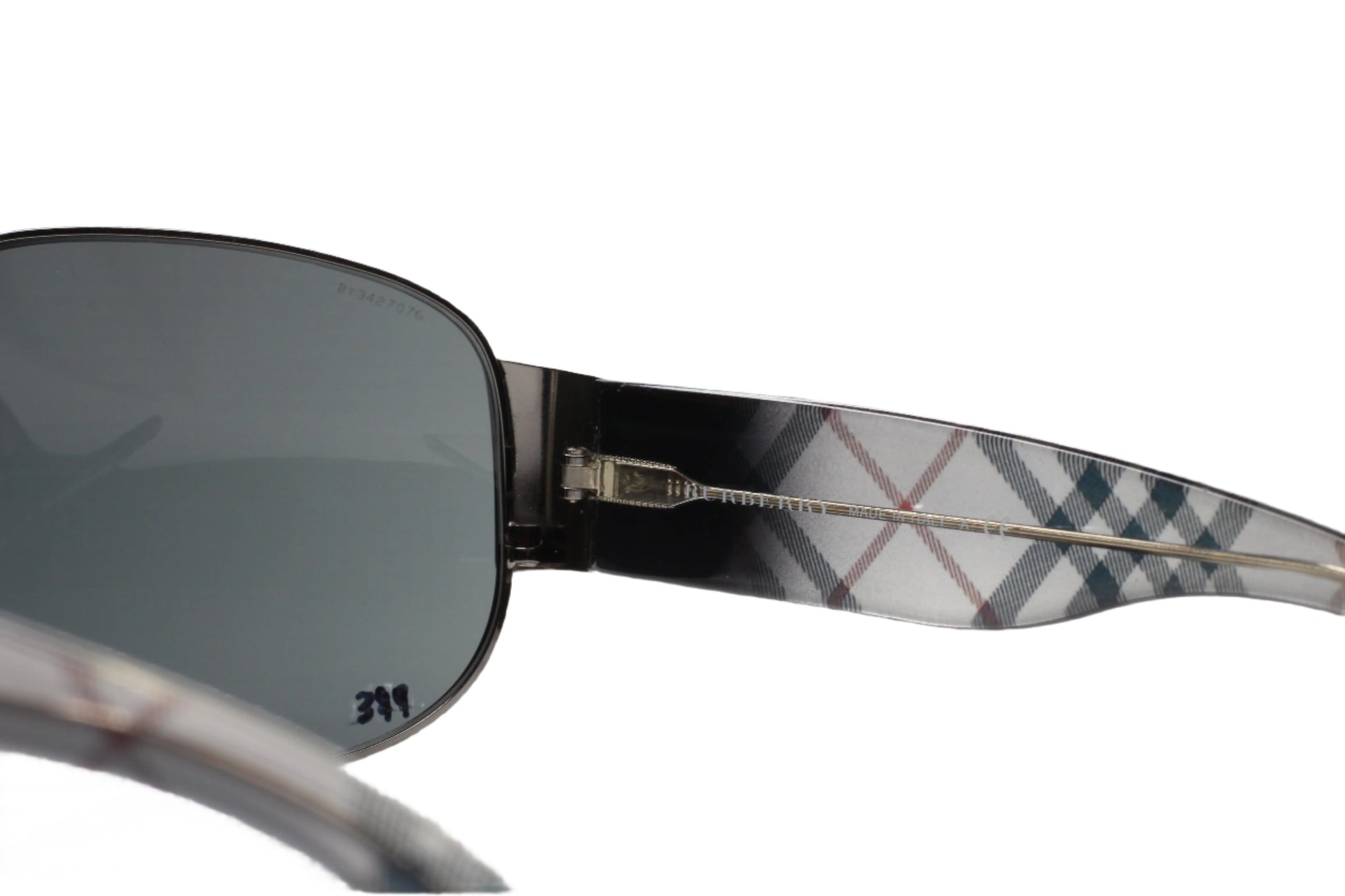 Close-up of ABC Optical BE3020M Burberry aviator optical frames showing patterned temple details