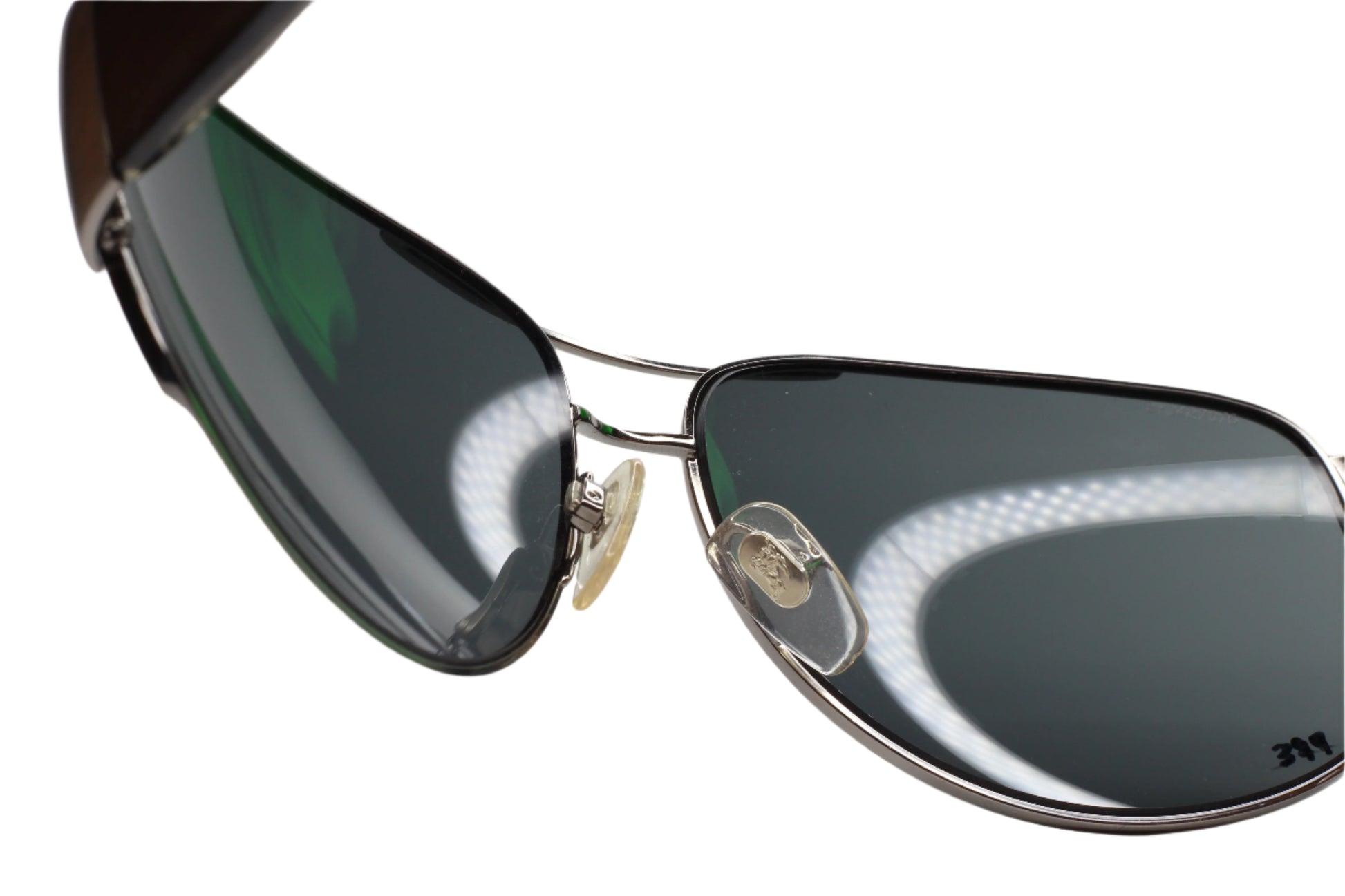 Close-up of BE3020M Burberry aviator optical frames with dark lenses and metal bridge
