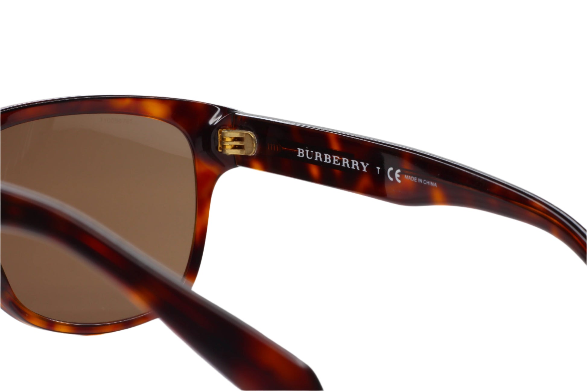 Close-up of Burberry B4131 tortoiseshell sunglasses temple with logo detail buy Burberry B4131 sunglasses online