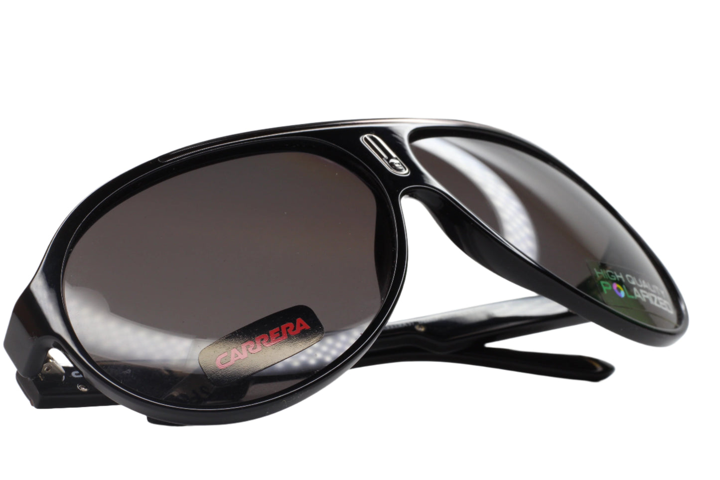 Carrera 57 black aviator sunglasses with dark lenses and sleek black frames by ABC Optical
