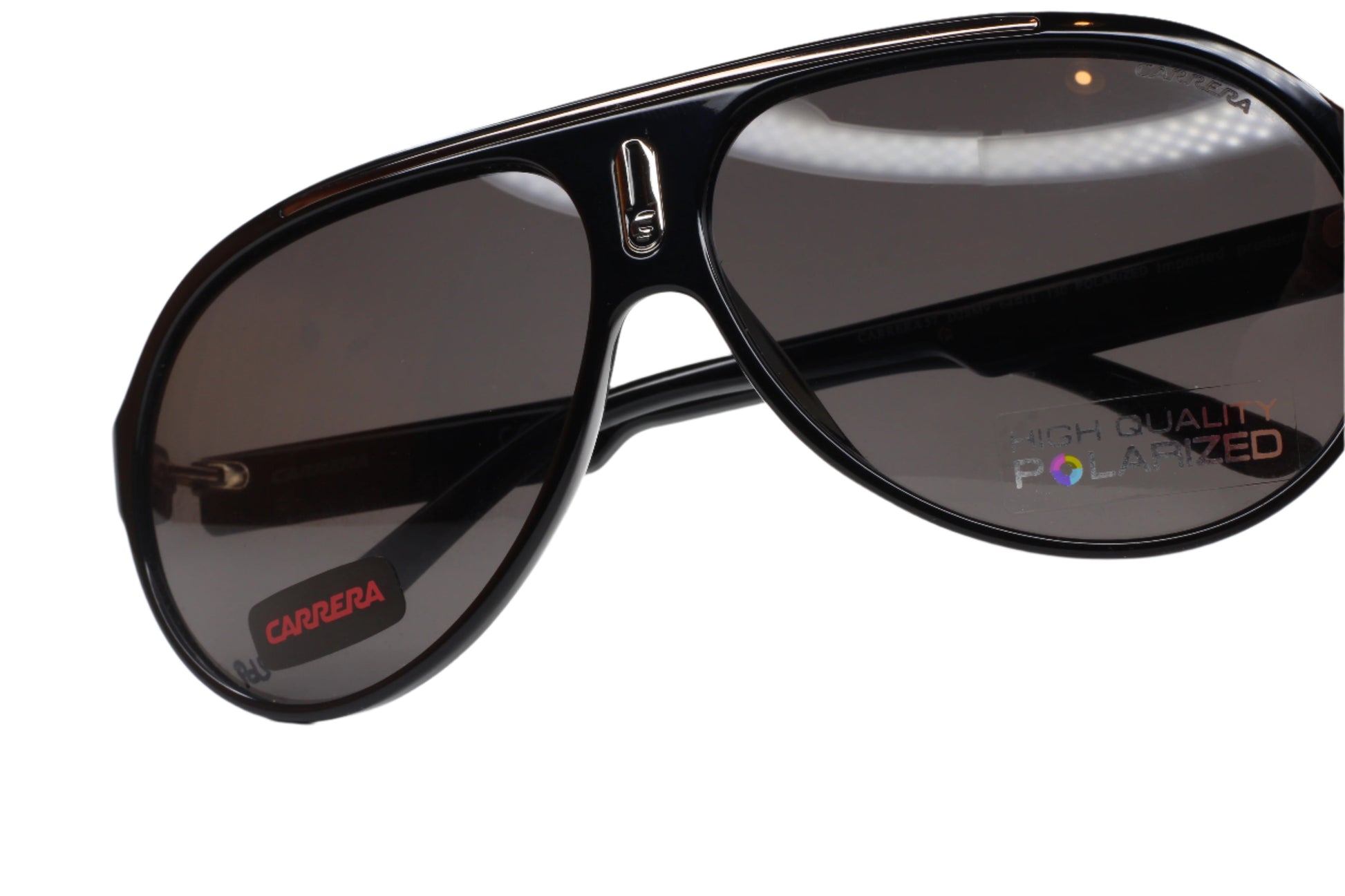 Close-up of Carrera 57 black aviator sunglasses with polarized lenses from ABC Optical