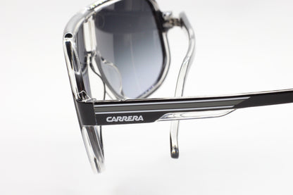 Close-up of Carrera designer shades with black and clear optical frames to buy Carrera designer shades online