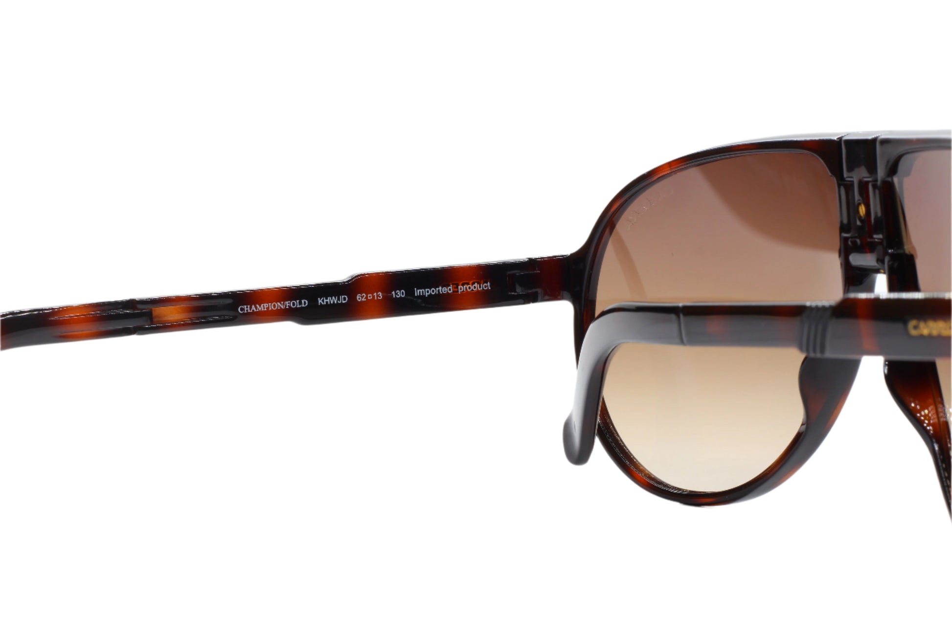 Close-up of Carrera Champion brown designer sunglasses with tortoiseshell optical frames by ABC Optical