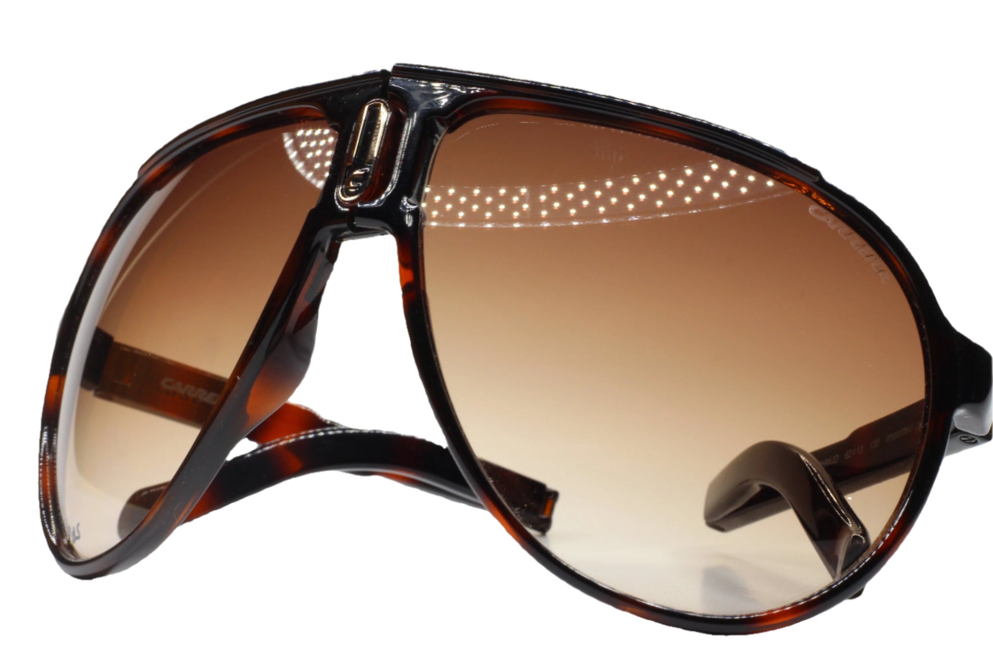 Close-up of Carrera Champion brown designer sunglasses with gradient lenses and tortoiseshell frame