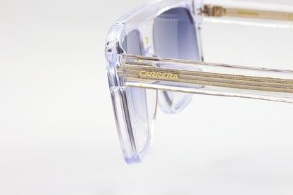 Close-up of luxury gradient sunglasses for men by ABC Optical with clear frame and gold detailing