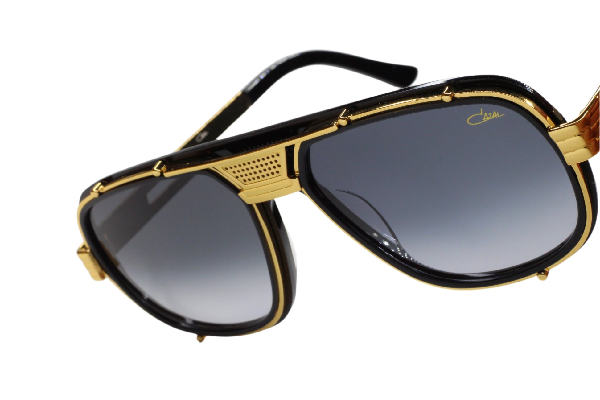 Cazal 665 sunglasses black gold with black tinted lenses and gold frame accents by ABC Optical