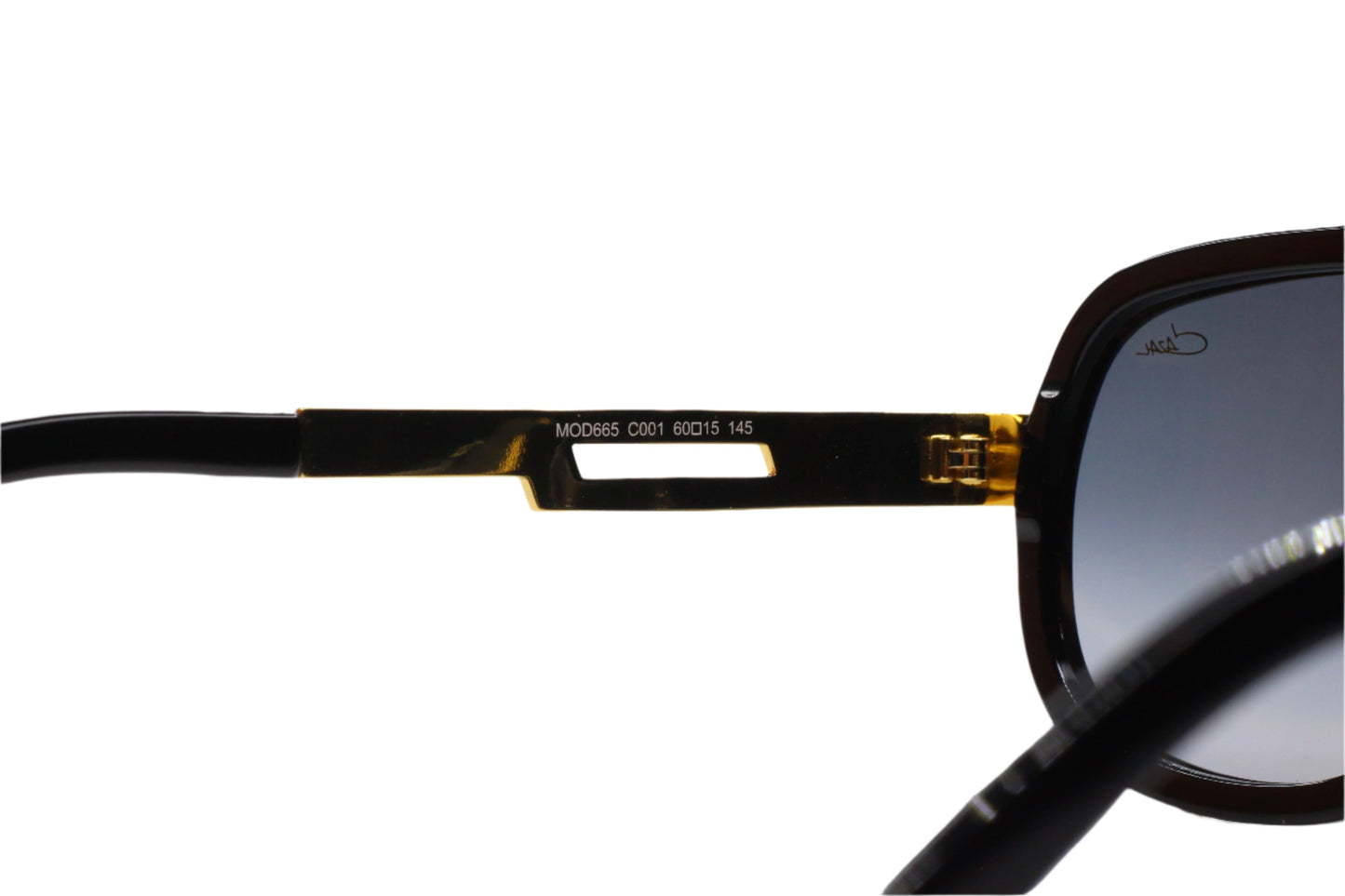 Close-up of ABC Optical Cazal 665 sunglasses black gold temple and frame details