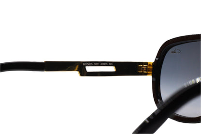 Close-up of ABC Optical Cazal 665 sunglasses black gold temple and frame details