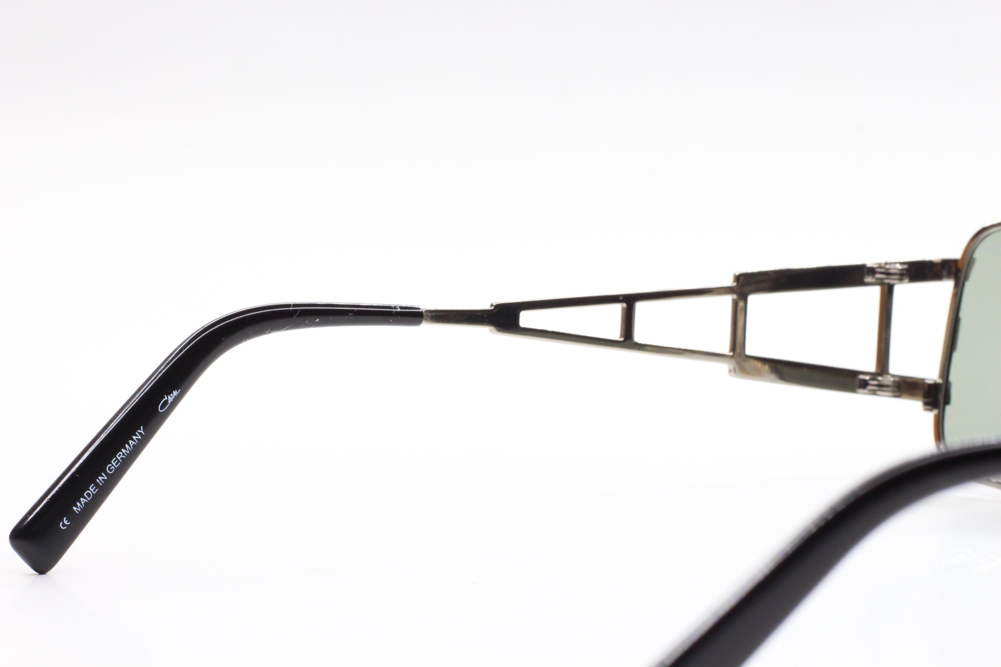 Close-up of ABC Optical Cazal 9043 black silver sunglasses frame arm detail