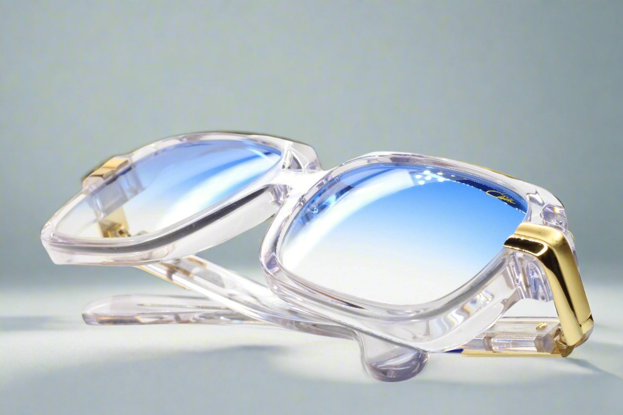 Clear optical frames with blue gradient lenses and gold accents Cazal Legends sunglasses for sale