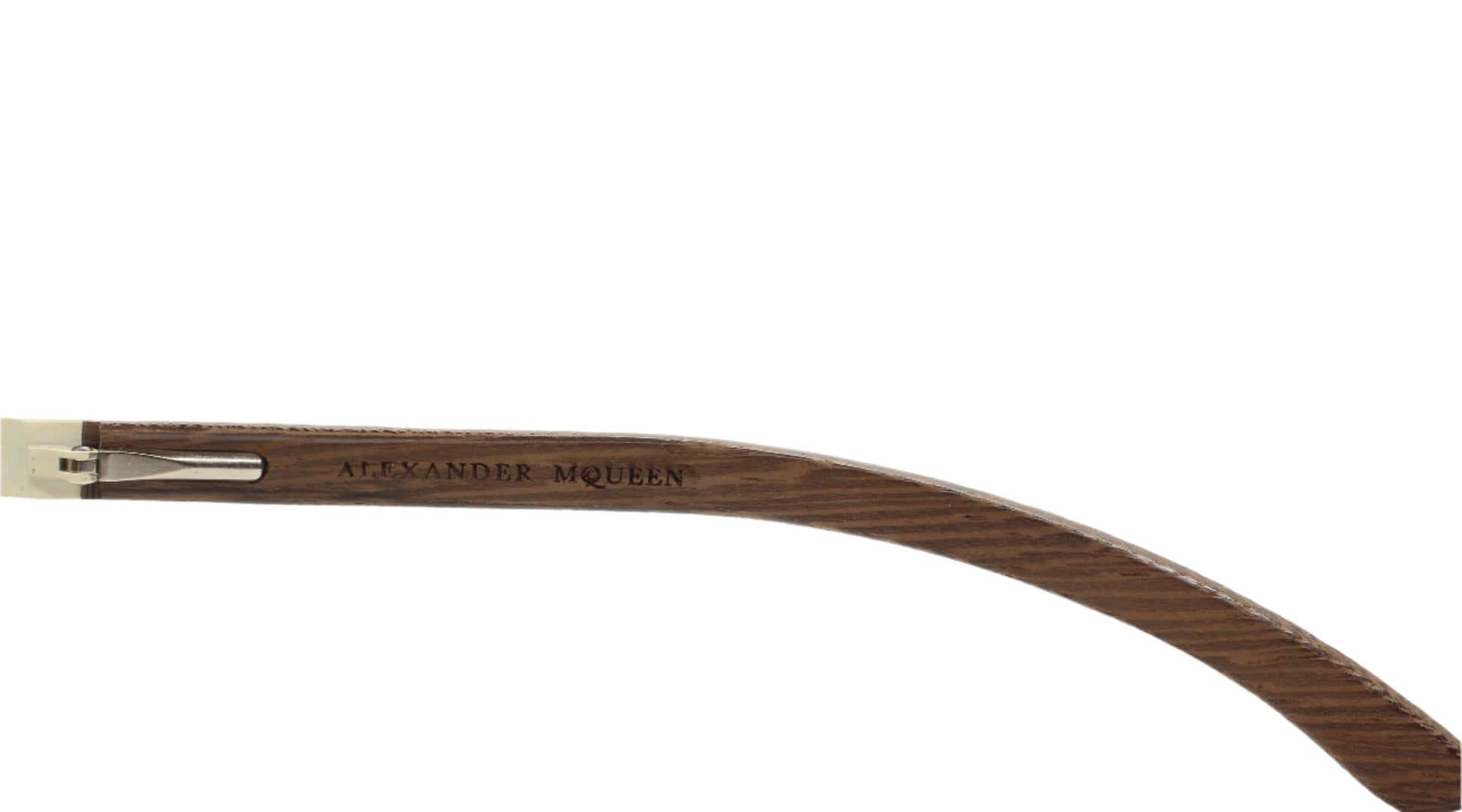 Close-up of designer Alexander McQueen AMQ4049S eyewear wooden frame arm by ABC Optical