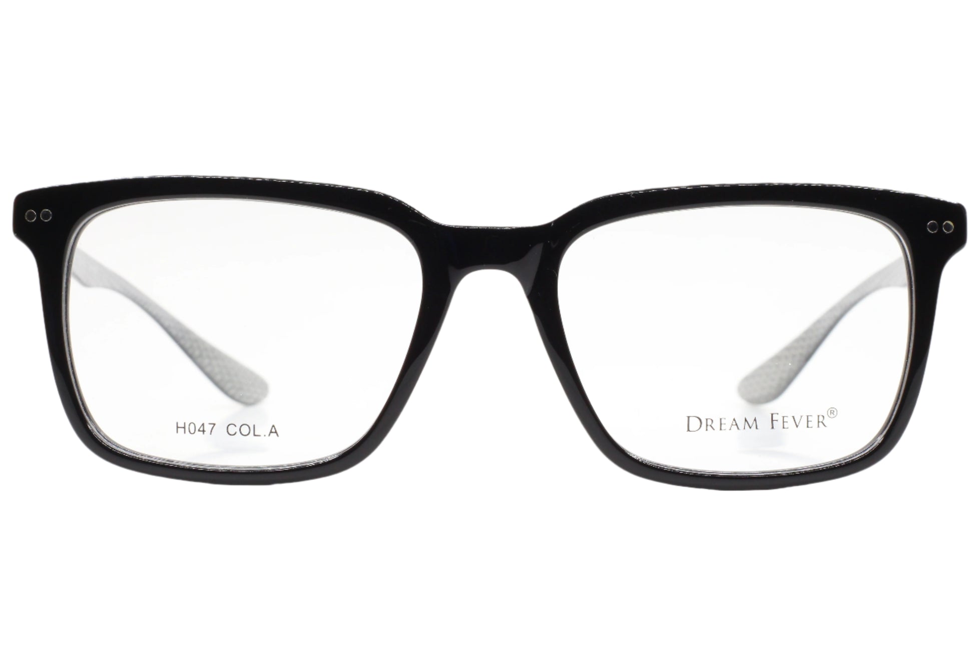 Black acetate designer eyeglasses from ABC Optical with rectangular frames and clear lenses