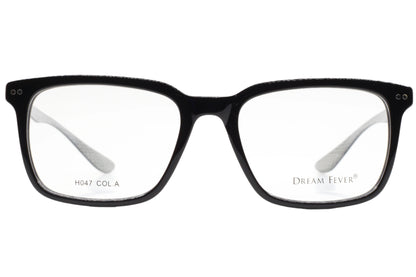 Black acetate designer eyeglasses from ABC Optical with rectangular frames and clear lenses