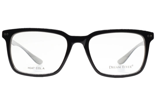 Black acetate designer eyeglasses from ABC Optical with rectangular frames and clear lenses