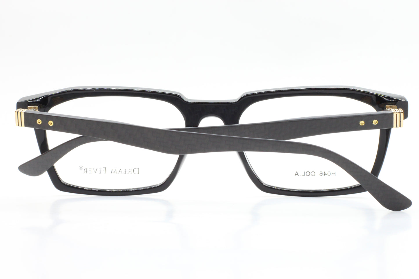 Black rectangular Dream Fever designer eyeglass frames by ABC Optical with gold accents