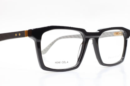 Close-up of ABC Optical black Dream Fever designer eyeglass frames with rectangular lenses
