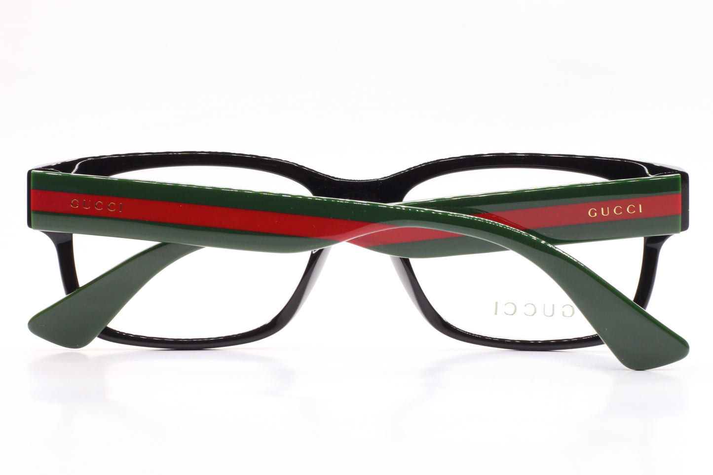 Gucci GG0343O 007 eyeglasses for sale with black frames and green red striped temples by ABC Optical