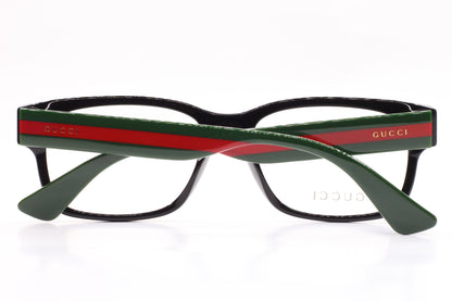 Gucci GG0343O 007 eyeglasses for sale with black frames and green red striped temples by ABC Optical