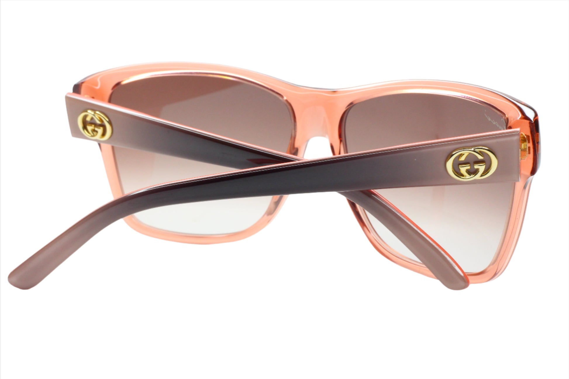 Gucci light rose crystal sunglasses with pink frame and brown gradient lenses by ABC Optical