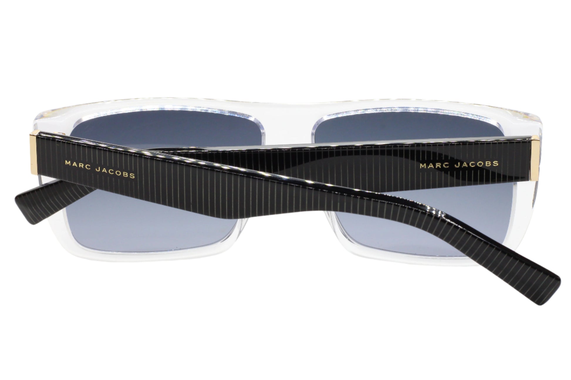 Marc Jacobs luxury clear frame sunglasses with black temples and blue lenses by ABC Optical