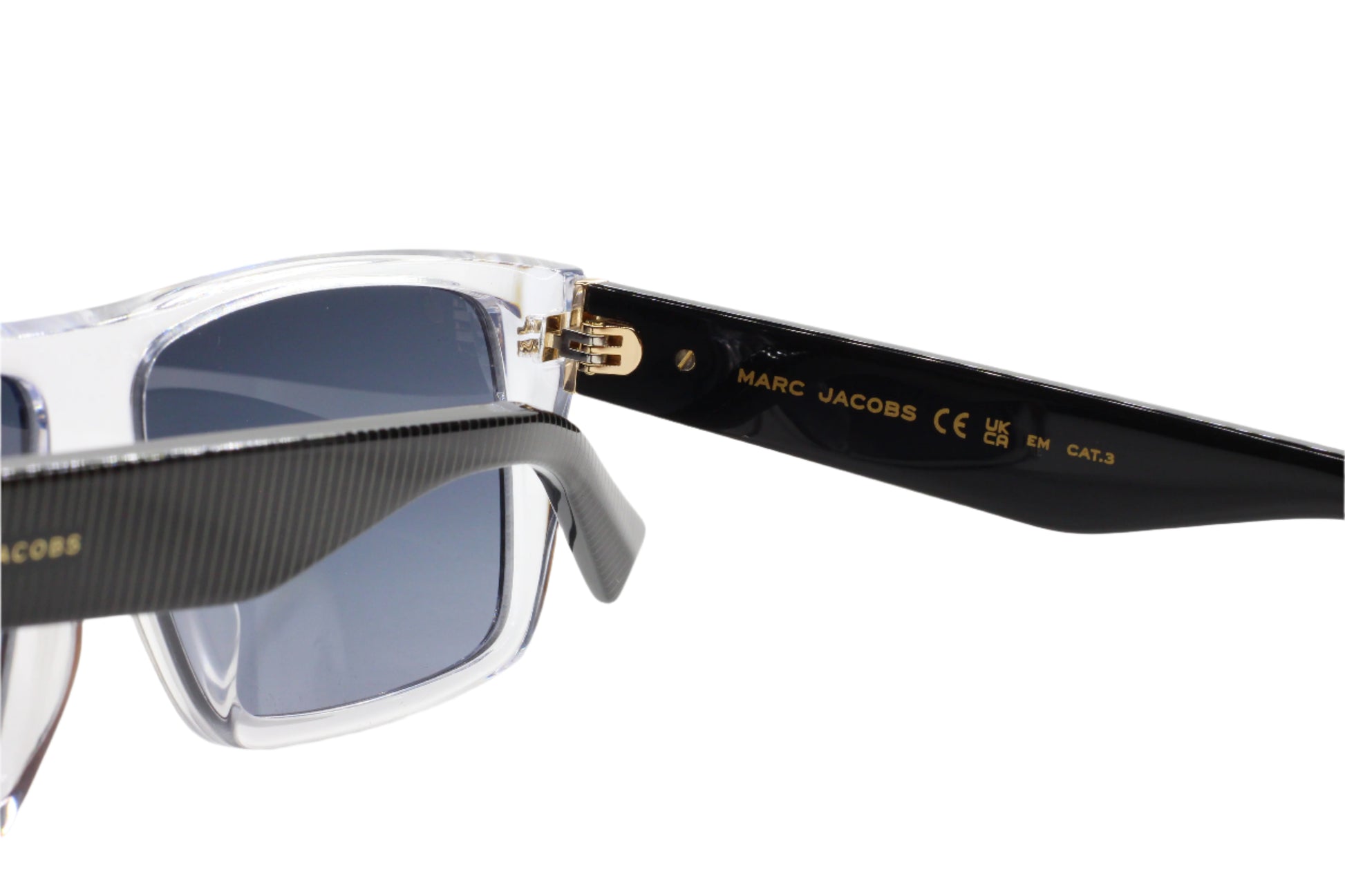 ABC Optical luxury clear frame sunglasses with black temples and gray lenses close-up