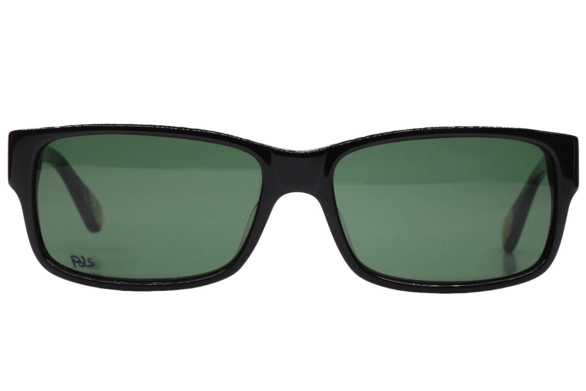 S&C Adriano sunglasses for sale by ABC Optical with rectangular black frames and green lenses