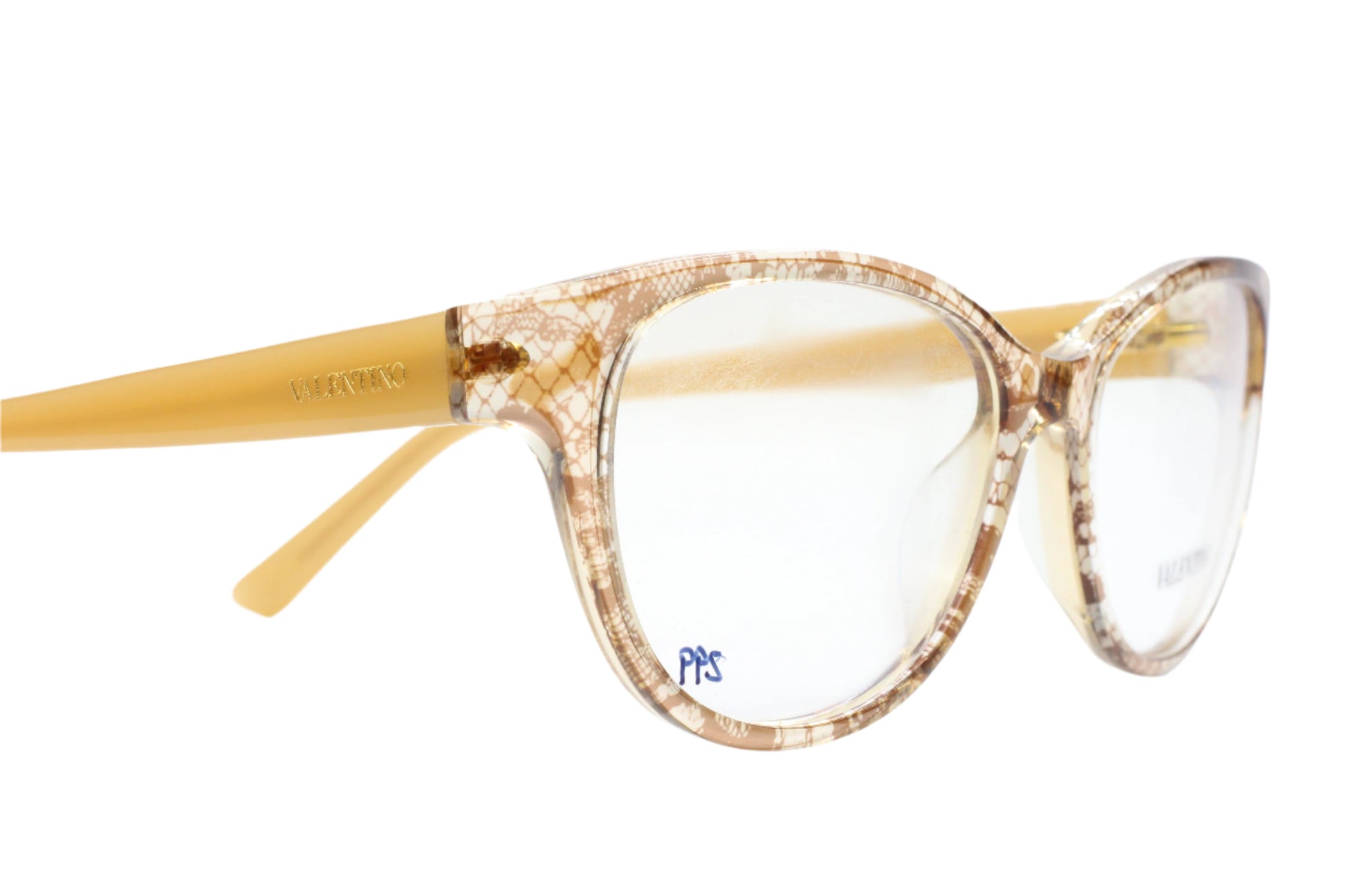 Valentino V2630 eyeglass frames online with beige patterned front and solid yellow temples by ABC Optical