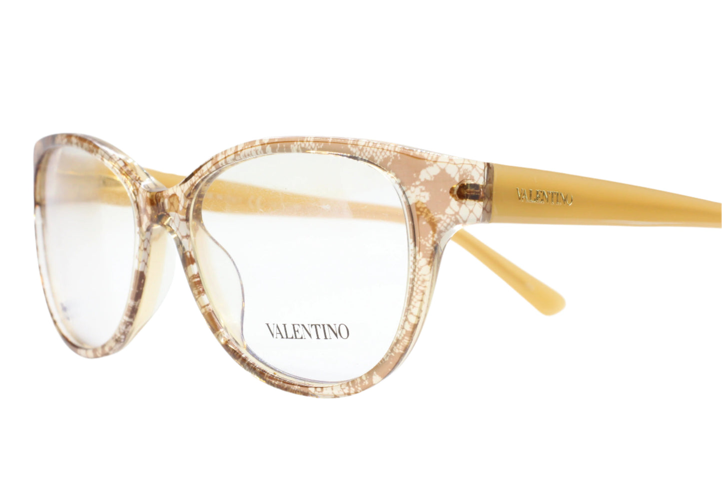 Valentino V2630 eyeglass frames online by ABC Optical with beige patterned front and solid beige temples