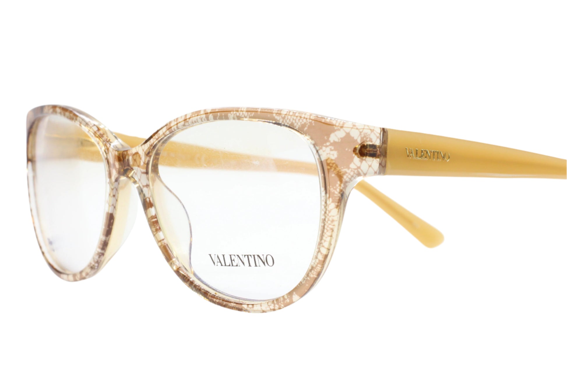 Valentino V2630 eyeglass frames online by ABC Optical with beige patterned front and solid beige temples