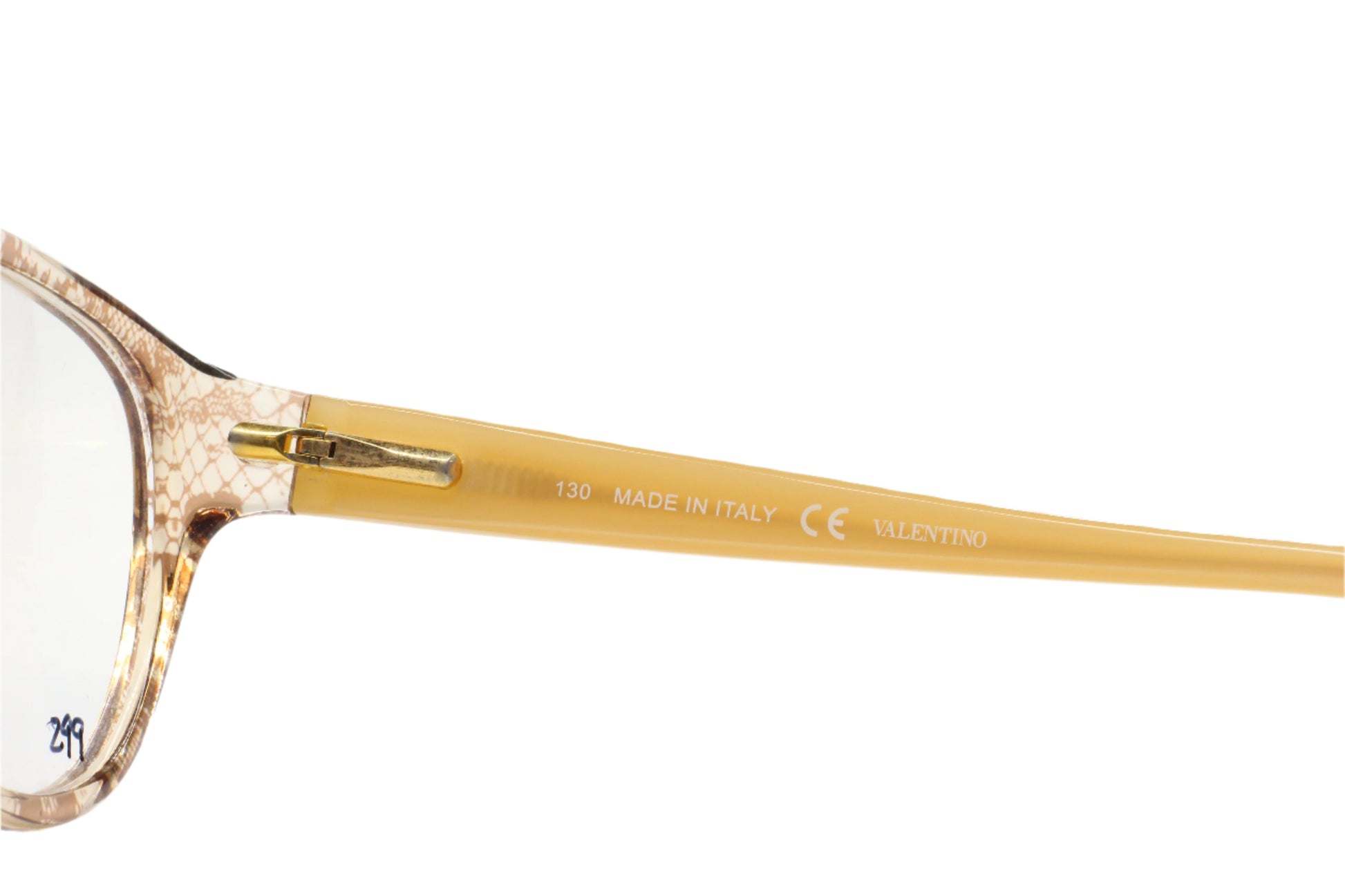 Close-up of Valentino V2630 eyeglass frames online showcasing tan textured temple and clear lens by ABC Optical