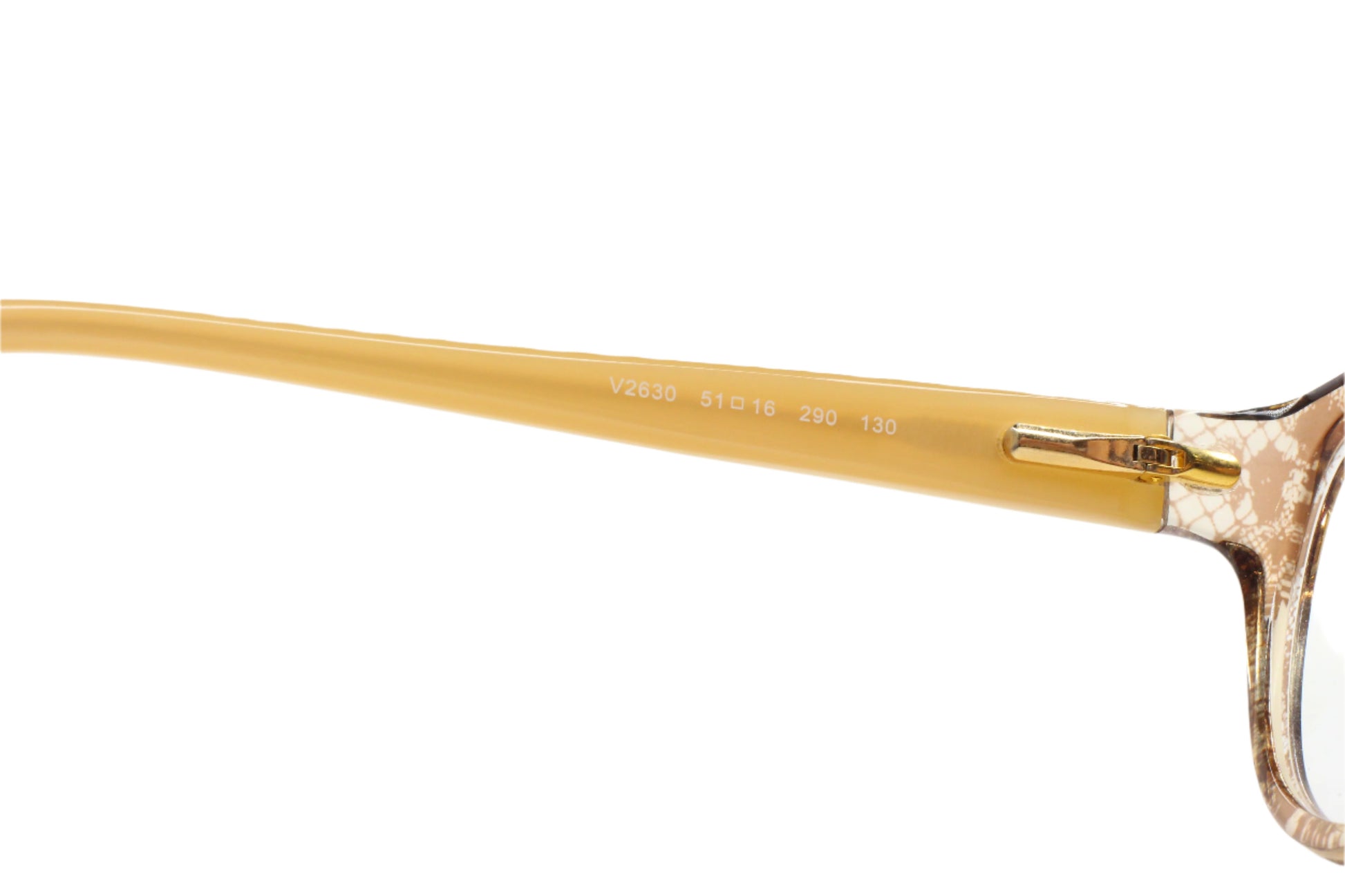 Close-up of Valentino V2630 eyeglass frames online showcasing beige temple and hinge detail